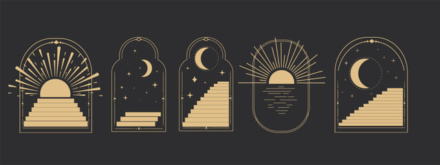 Wall Mural - set arch window line frame celestial, mystic with staircase, astrology symbols moon and sun, line bo