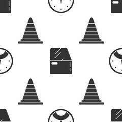 Sticker - Set Speedometer, Car door and Traffic cone on seamless pattern. Vector