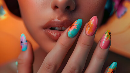Wall Mural - Very creative creations on girls' artificial nails to make you really fashionable. Nail polish, artificial nails, gel polish. Generative AI