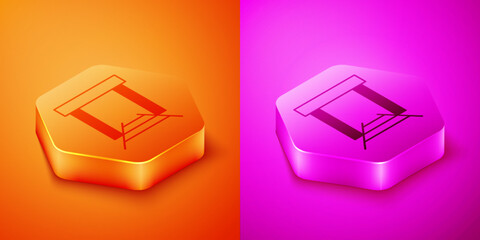 Wall Mural - Isometric Gold mine icon isolated on orange and pink background. Hexagon button. Vector