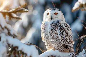 white owl on a snow covered branch in the winter forest in sunny day