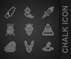 Wall Mural - Set Mask of the devil with horns, Rabbit ears, Witch hat, Masons, Ticket, cauldron, Medieval sword and Hand saw icon. Vector