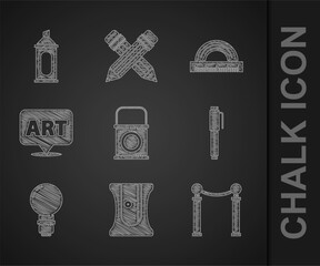 Wall Mural - Set Paint bucket, Pencil sharpener, Exhibition of paintings, Light bulb, Speech bubble with text art, Protractor and Marker icon. Vector