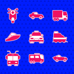 Wall Mural - Set Taxi car, Bus, Car, Cruise ship, Trolleybus, Speedboat, Delivery cargo truck and Scooter icon. Vector