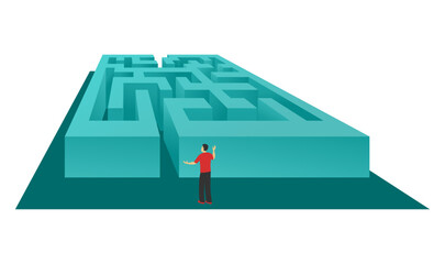 Confused man staying at maze entrance