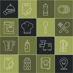 Wall Mural - Set line Chef hat with location, Blender, Crossed fork and spoon, Pepper, Electric mixer, Covered tray and Spoon icon. Vector