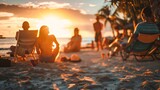 Fototapeta  - Group of friends enjoying tropical beach while sitting and admiring sunset