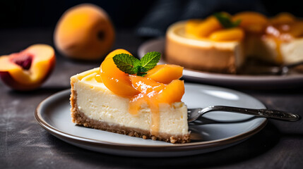 Two slices of peach cheesecake on a plate