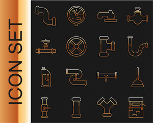 Wall Mural - Set line Well, Rubber plunger, Industry metallic pipe, Water tap, valve, and, and icon. Vector