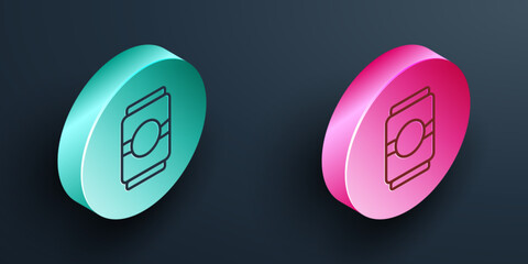 Wall Mural - Isometric line Beer can icon isolated on black background. Turquoise and pink circle button. Vector