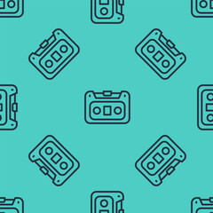 Wall Mural - Black line Retro audio cassette tape icon isolated seamless pattern on green background. Vector