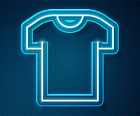 Wall Mural - Glowing neon line T-shirt icon isolated on blue background. Vector