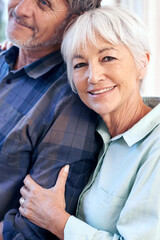 Wall Mural - Portrait, senior couple and happy woman with man for love, care or bonding together in home. Face, partner or elderly people with commitment to marriage, loyalty or healthy relationship in retirement