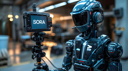 Wall Mural - advanced humanoid robot filmmaker demonstrating sora text-to-video ai model in a high-tech videograp
