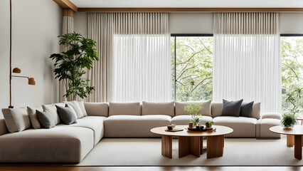 The bedroom with modern decoration, bright french window, and huge multi seat sofa surround the tea table

