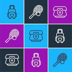 Wall Mural - Set line Suitcase, Telephone handset and Tennis racket with ball icon. Vector