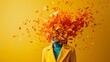 Artistic composition with a person in yellow suit and orange triangular shapes symbolizing creativity and dynamic energy explosion