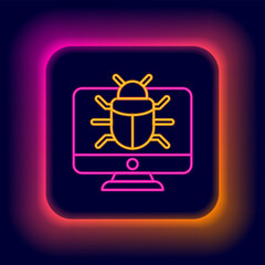 Wall Mural - Glowing neon line System bug on monitor icon isolated on black background. Code bug concept. Bug in the system. Bug searching. Colorful outline concept. Vector