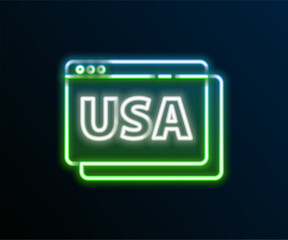 Sticker - Glowing neon line USA United states of america on browser icon isolated on black background. Colorful outline concept. Vector