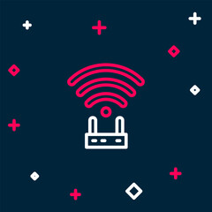 Wall Mural - Line Router and wi-fi signal icon isolated on blue background. Wireless ethernet modem router. Computer technology internet. Colorful outline concept. Vector