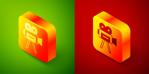 Wall Mural - Isometric Retro cinema camera icon isolated on green and red background. Video camera. Movie sign. Film projector. Square button. Vector