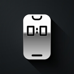 Poster - Silver Alarm clock app smartphone interface icon isolated on black background. Long shadow style. Vector