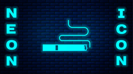 Wall Mural - Glowing neon Cigarette icon isolated on brick wall background. Tobacco sign. Smoking symbol. Vector