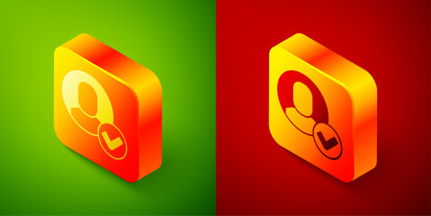 Poster - Isometric Worker icon isolated on green and red background. Business avatar symbol user profile icon. Male user sign. Square button. Vector