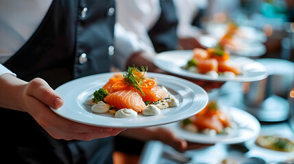 Waiter carrying plates with fish dish on some festive event, party or wedding reception restaurant