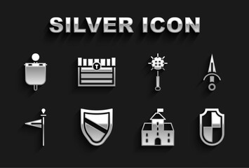 Wall Mural - Set Shield, Dagger, Castle, fortress, Medieval flag, chained mace ball, and Antique treasure chest icon. Vector