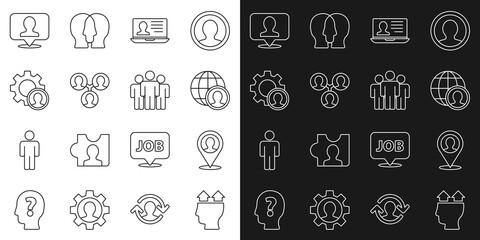 Poster - Set line User of man, Location with person, Globe and people, Laptop resume, Project team base, Head hunting, and Users group icon. Vector