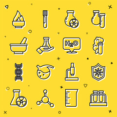 Sticker - Set line Test tube and flask, Shield protecting from virus, Chemical explosion, radiation, Mortar pestle, Alcohol spirit burner and formula for H2O icon. Vector