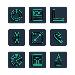 Poster - Set line Speedometer, Bathroom scales, Drawing compass, Corner ruler, Diagonal measuring, Wrist watch, Radius and Measuring tape icon. Vector