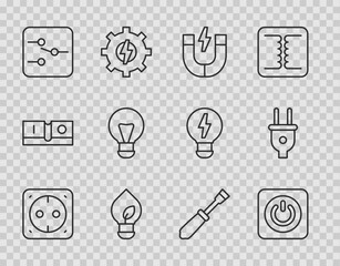 Wall Mural - Set line Electrical outlet, Power button, Magnet, Light bulb with leaf, Switch in electronic circuit, Creative lamp light idea, Screwdriver and plug icon. Vector