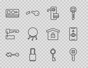 Poster - Set line Old key, Wrong, Digital door lock, Lock, Key card, Bunch of keys, and Eye scan icon. Vector