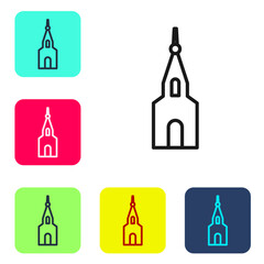Wall Mural - Black line Church building icon isolated on white background. Christian Church. Religion of church. Set icons in color square buttons. Vector