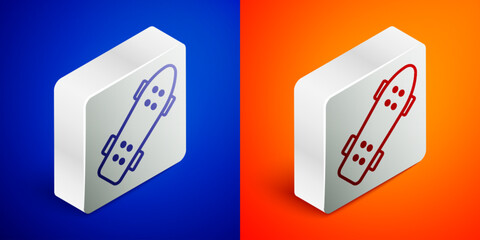 Canvas Print - Isometric line Skateboard icon isolated on blue and orange background. Extreme sport. Sport equipment. Silver square button. Vector