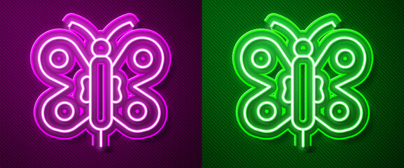 Wall Mural - Glowing neon line Butterfly icon isolated on purple and green background. Vector