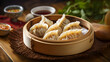 Artistically crafted Oriental dumplings in traditional bamboo steamer - A fusion of taste and tradition