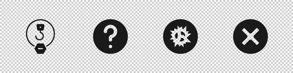 Sticker - Set Industrial hook, Unknown search, Bomb explosion and X Mark, Cross in circle icon. Vector