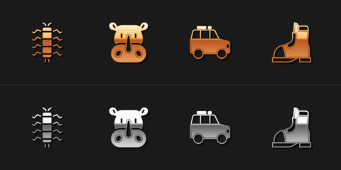 Sticker - Set Centipede insect, Rhinoceros, Car and Hunter boots icon. Vector