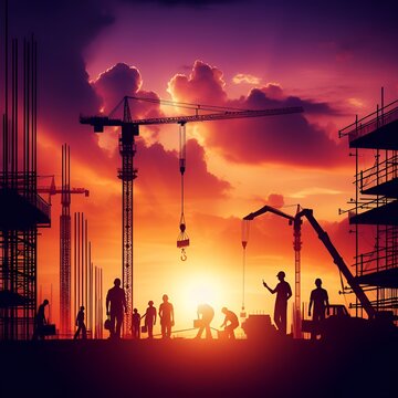silhouette the group of construction workers, work in binding rebar and concrete during sunset
