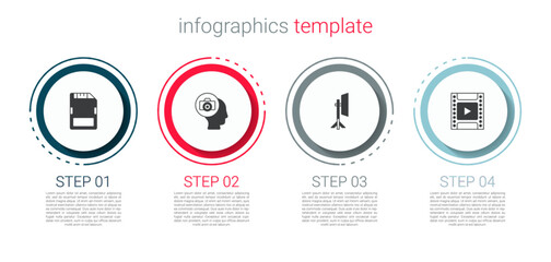 Sticker - Set SD card, Photo camera, Studio light bulb in softbox and Camera film roll cartridge. Business infographic template. Vector