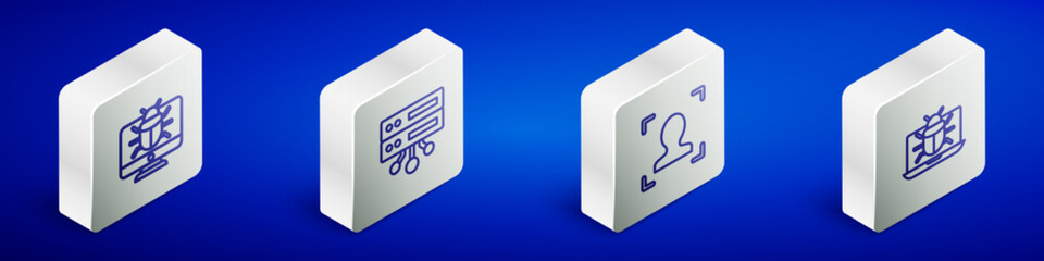 Sticker - Set Isometric line System bug on monitor, Server, Data, Web Hosting, Face recognition and icon. Vector