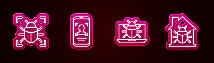 Wall Mural - Set line System bug, Mobile and face recognition, monitor and House system. Glowing neon icon. Vector