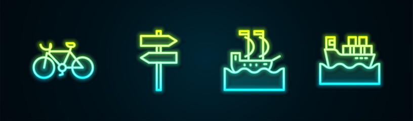 Wall Mural - Set line Bicycle, Road traffic signpost, Sailboat and Cargo ship with boxes. Glowing neon icon. Vector