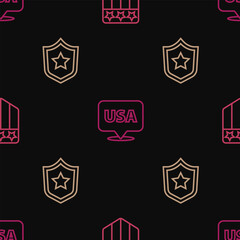 Sticker - Set line Shield with stars, Police badge and USA Independence day on seamless pattern. Vector