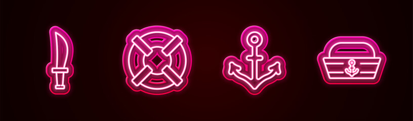 Sticker - Set line Pirate sword, Lifebuoy, Anchor and Sailor hat. Glowing neon icon. Vector