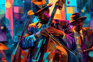 Wall Mural - Bass player vintage jazz poster, with bold lines and flat colors. 