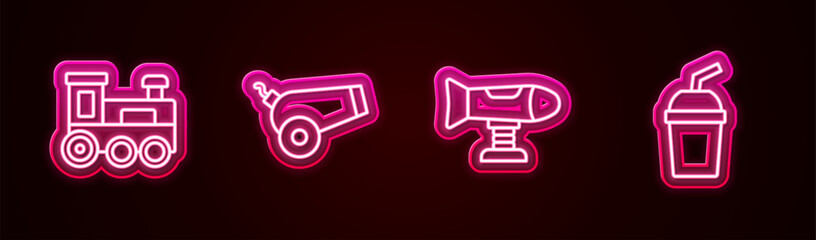 Wall Mural - Set line Toy train, Cannon, Swing plane and Paper glass with water. Glowing neon icon. Vector